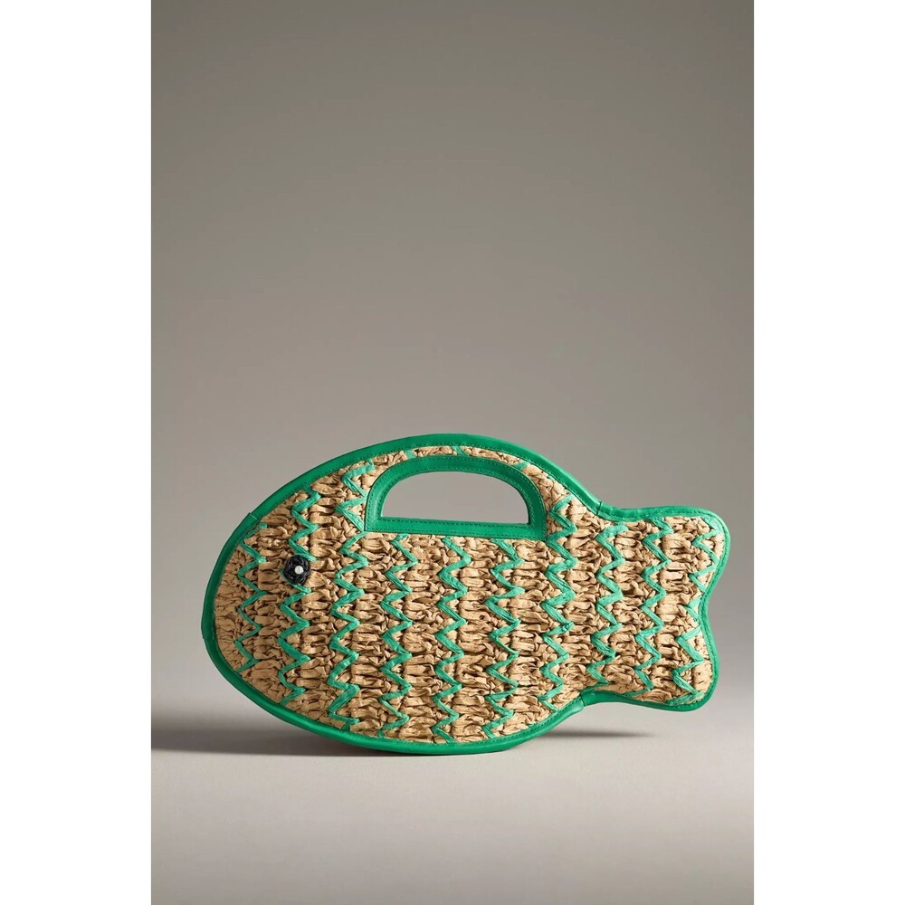 Anthropologie Raffia Fish Top-Handle Bag Green NEW - Picture 3 of 4